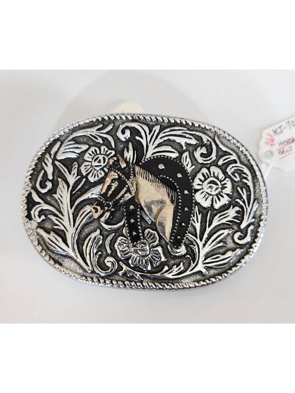 Vintage Horsehead Western Belt Buckle Silver-Tone Floral Design 3.5" x 2.5"